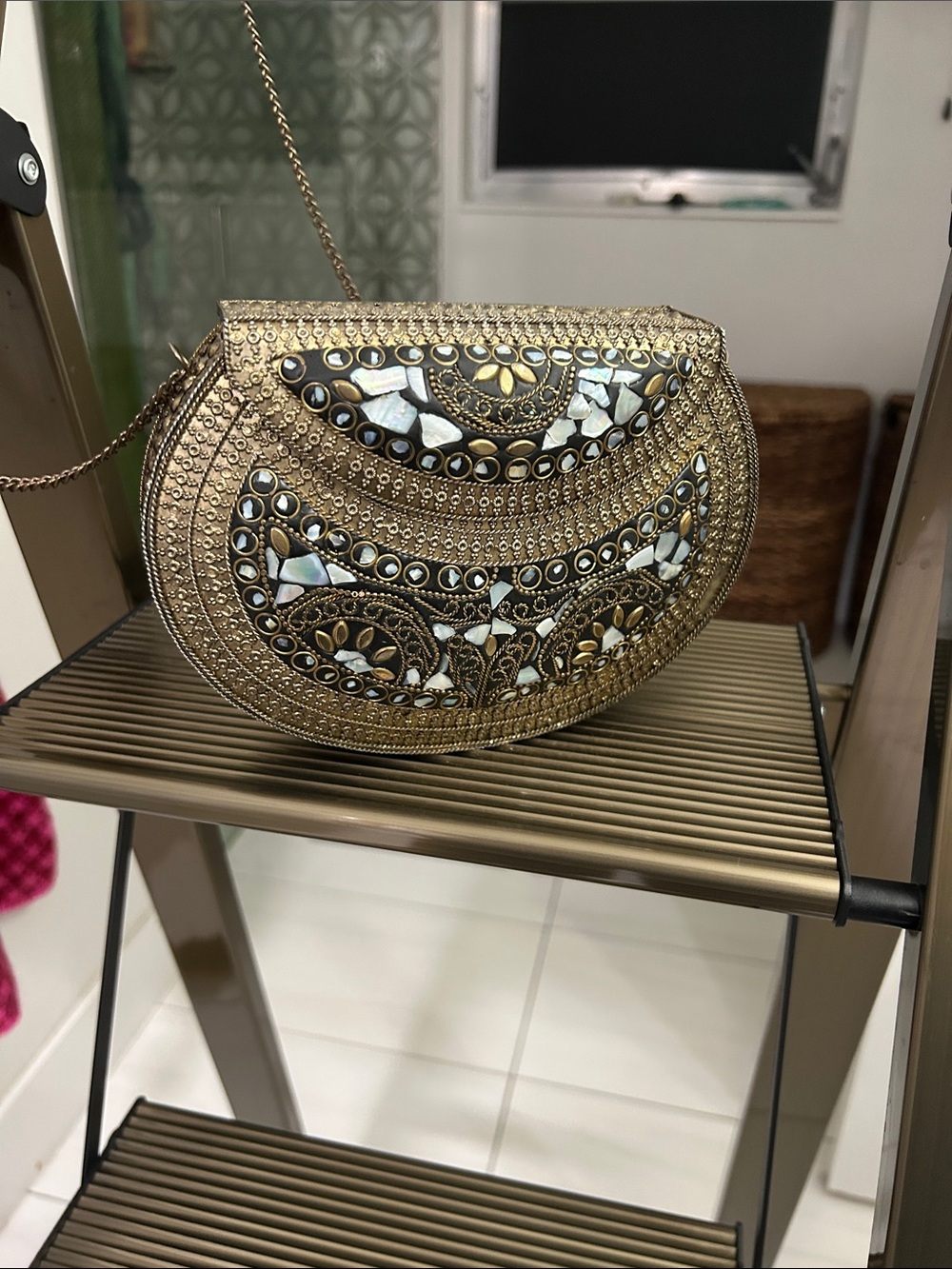 Gold Embellished Semi-Circle Evening Crossbody Bag